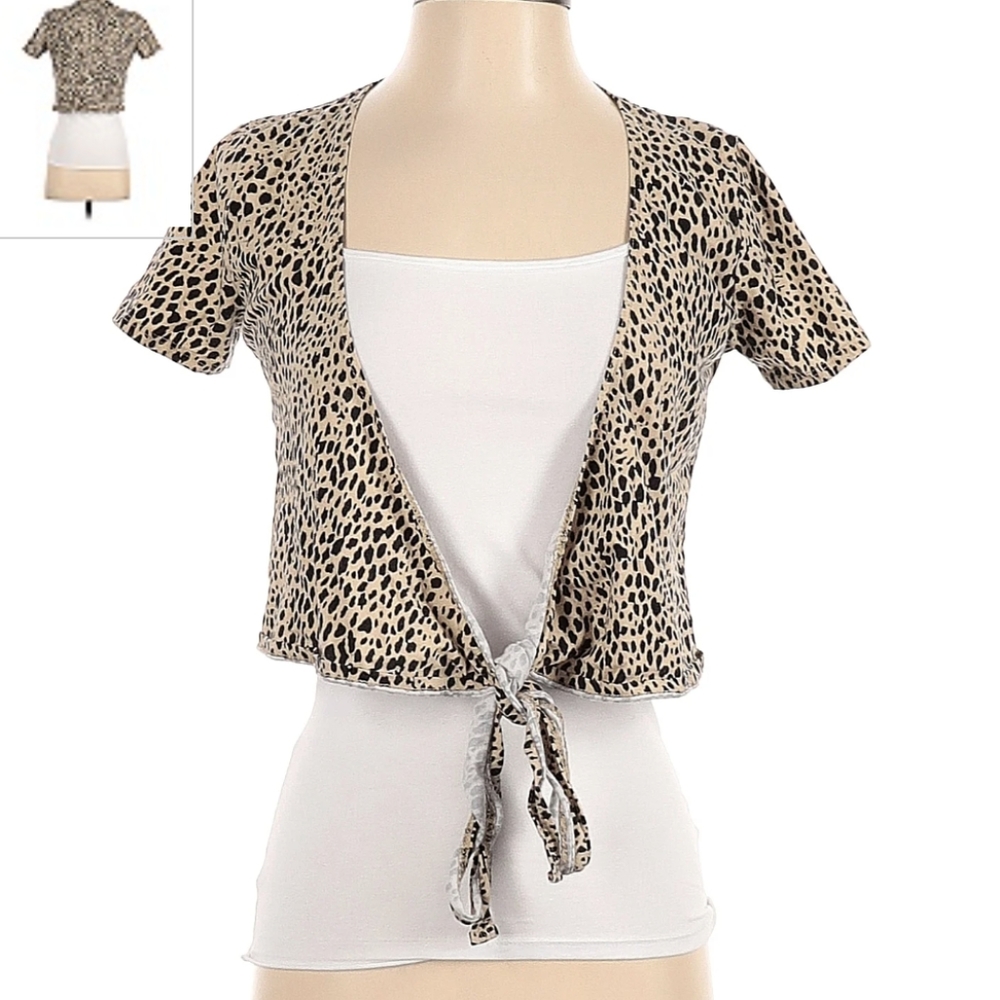 Brandy Melville Leopard Print Short Sleeve Cardigan Tie Front